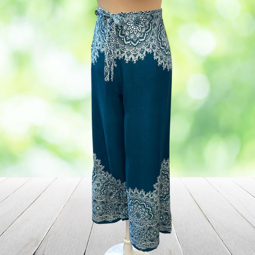 Boho Wrap Pants Mandala Border Print Wide Leg Beachy Rayon Thailand Sz S M